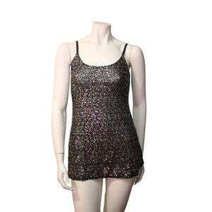 MODA International Black Silver Nylon Sequin Stretch Mesh Tank Top Size M